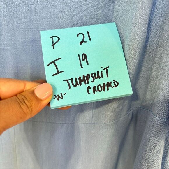 Maree Pour Toi Linen Crepe Stretch Cropped Half Sleeve Belted Blue Jumpsuit 18 - Picture 9 of 9